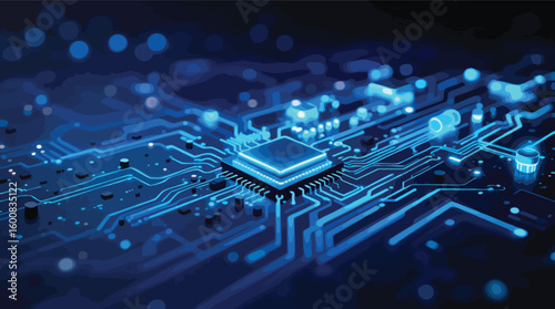 Electronic microchip cpu central processor unit circuit board abstract blue glowing digital.