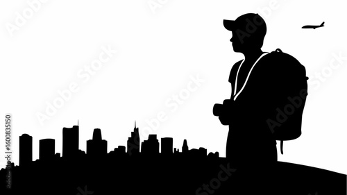 Silhouette of a traveler with backpack and camera overlooking a city skyline with airplane in sky | editable eps vectors