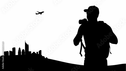 Silhouette of a traveler with camera and backpack looking at a city skyline and an airplane in the sky | editable eps vectors