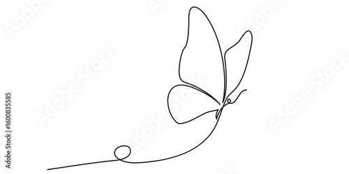 Continuous one line drawing of butterfly. Butterfly flying continuous one line drawing. Outline single art butterfly hand drawn sketch element on white background. 