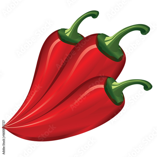 Three vibrant red chili peppers with green stems, isolated on white.