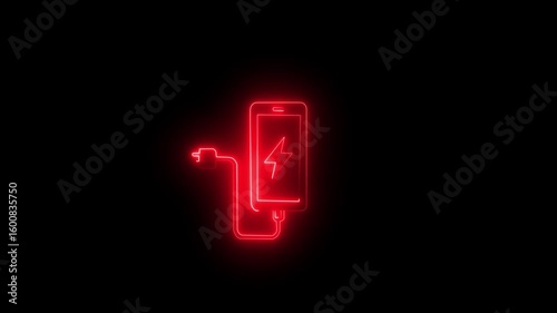 Glowing neon red color battery and Electric charging icon Concept. neon charging icon animation .Solar system charging 4k animation .
