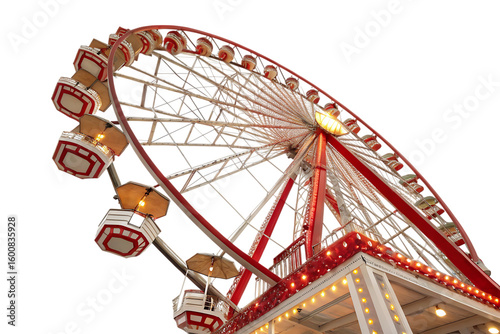 Red and white Ferris wheel with gondolas PNG Image