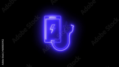 Glowing neon blue color battery and Electric charging icon Concept. neon charging icon animation .Solar system charging 4k animation .