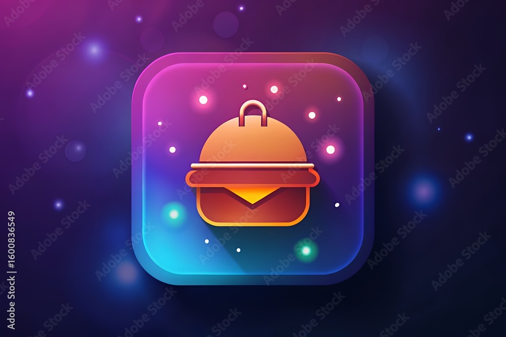 Fototapeta premium Glowy glassy burger icon with sparkles on a cosmic purple background