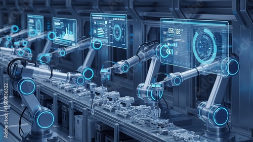 Smart Factory with Robotic Arms and Holographic Efficiency Data Displays