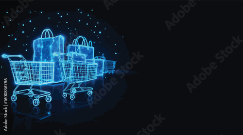 Futuristic neon shopping carts and bags representing digital commerce and online retail.