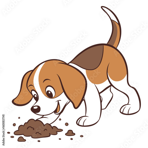 Happy Puppy digging in dirt on white background