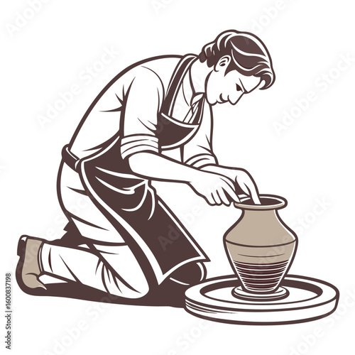 Potter at work on pottery wheel on white background