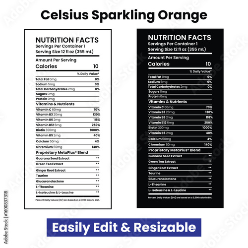 Customizable Celsius Sparkling Orange Nutrition Label Mockup
