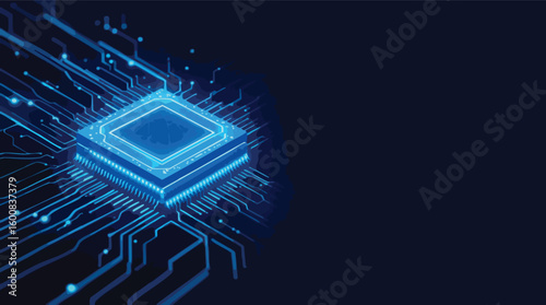 High tech illustration of a glowing blue processor on a dark blue circuit board.