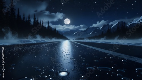 Cinematic Night Road to Snowy Mountains – Misty, Moody, Surreal Fantasy Scene.