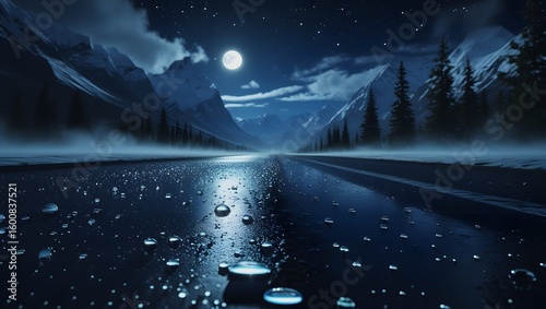 Cinematic Night Road to Snowy Mountains – Misty, Moody, Surreal Fantasy Scene.