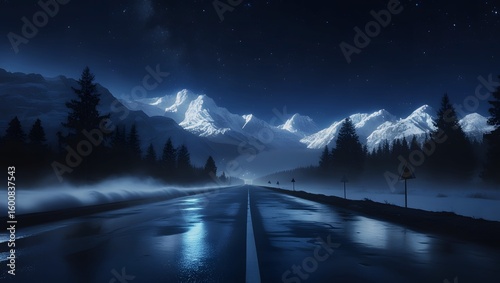 Cinematic Night Road to Snowy Mountains – Misty, Moody, Surreal Fantasy Scene.