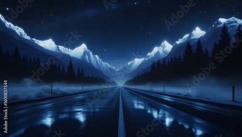 Cinematic Night Road to Snowy Mountains – Misty, Moody, Surreal Fantasy Scene.