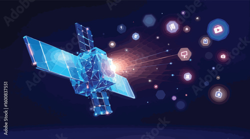 Modern abstract low poly illustration of a satellite transmitting data in deep space network.