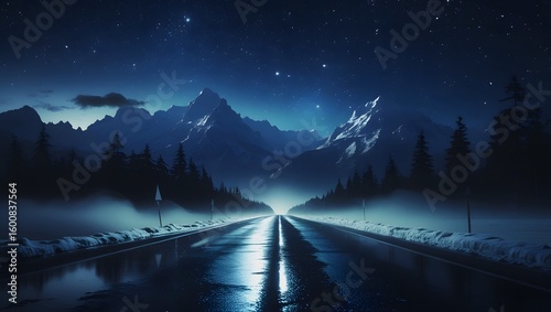 Cinematic Night Road to Snowy Mountains – Misty, Moody, Surreal Fantasy Scene.