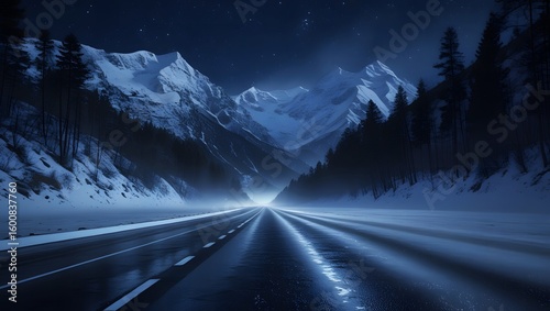 Cinematic Night Road to Snowy Mountains – Misty, Moody, Surreal Fantasy Scene.