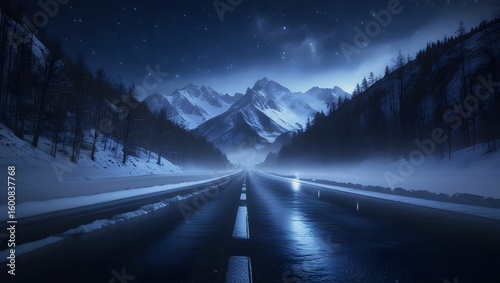 Cinematic Night Road to Snowy Mountains – Misty, Moody, Surreal Fantasy Scene.
