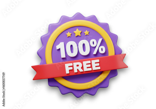 3D 100 free badge with ribbon isolated on transparent background