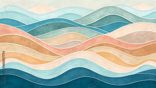 Serene abstract landscape with gentle waves of soothing colors creating a calming modern aesthetic