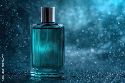 Wallpaper Mural Elegant glass perfume bottle with teal fragrance in sparkling misty setting. Torontodigital.ca