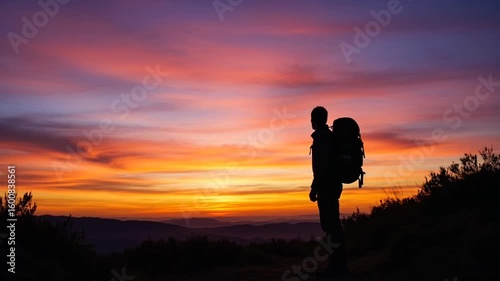 Hiker standing silhouette against vibrant sunset sky in nature  