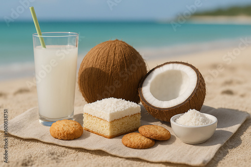 coconut cake, biscuit, and drink with background on the beach