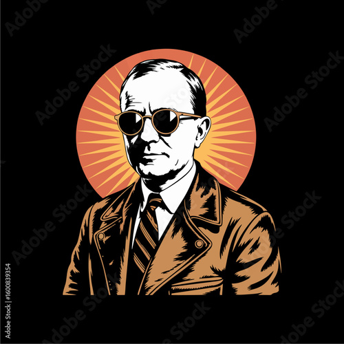A stylized graphic portrait of a man in a suit and sunglasses, set against a circular orange sunburst background.