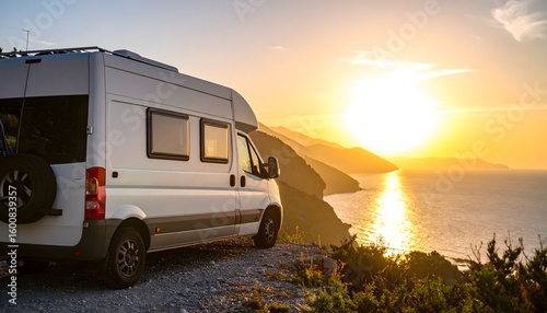Camper van by the cliffs at sunset
