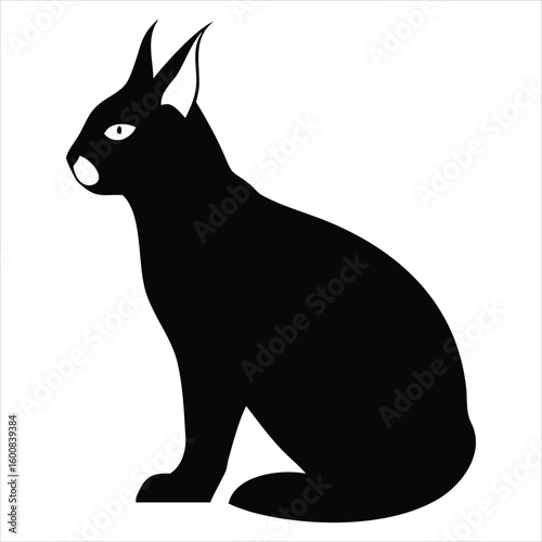 Silhouette of a black rabbit with distinctive pointed ears and alert eyes sitting patiently against a white background—a simple yet striking animal illustration