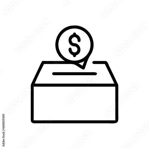 Outline drawing of a donation box with a dollar coin being inserted into the slot on the top side of box