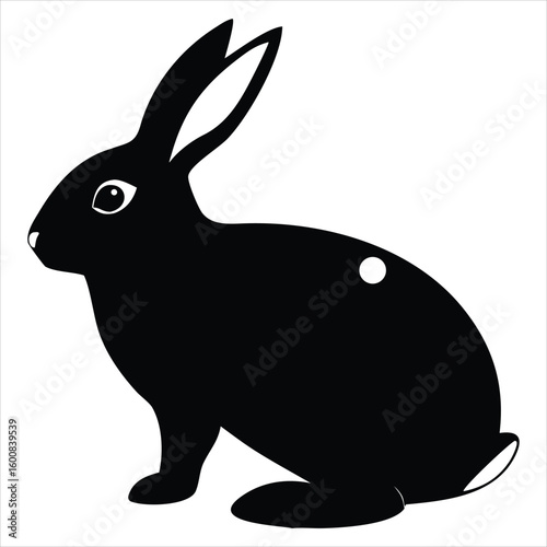 A stylized black rabbit with white markings sits alertly its ears pointed upwards showcasing a simple yet charming illustration of a common woodland creature