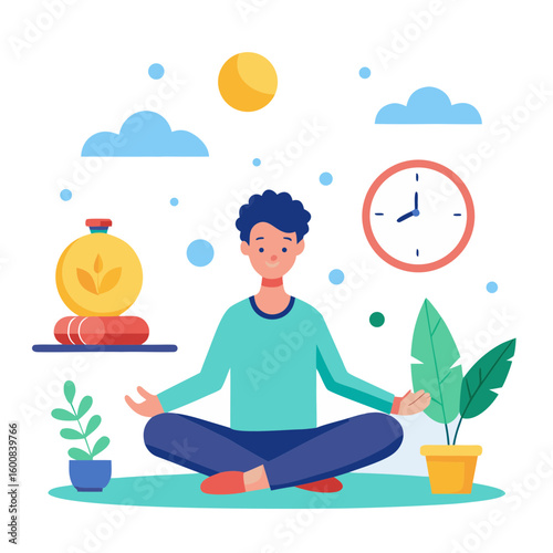 Person meditating with plants and clock meditation