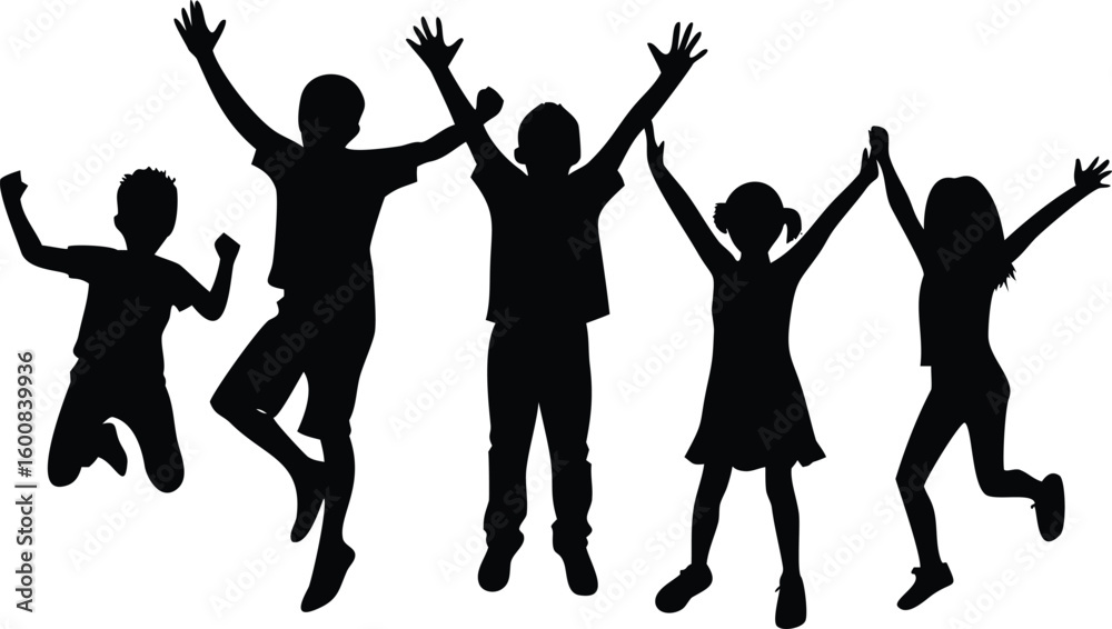 Fototapeta premium Silhouette of Five Jumping Children with Raised Arms Against a White Background, Celebration and Joy