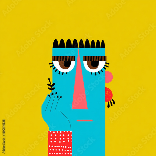 Abstract Geometric Thoughtful Character with Leaf Minimal Illustration
