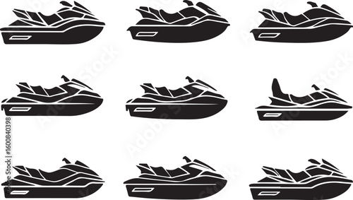 Black watercraft silhouettes on white background jet ski personal watercraft