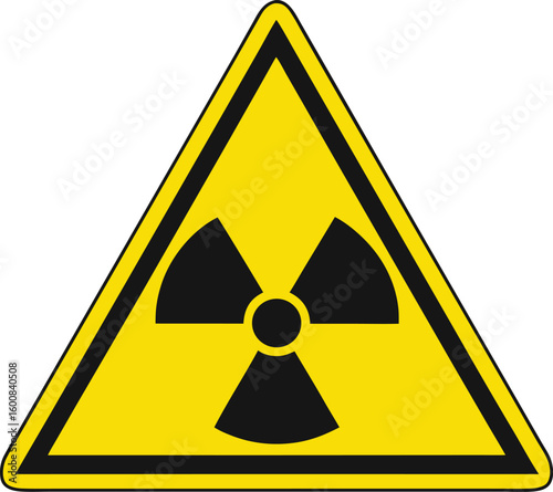 Yellow triangular warning sign with radiation symbol on white background.