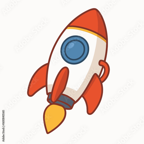 A cartoon rocket ship blasts off into space, its red and white body gleaming against a bright white background, ready for an exciting adventure.