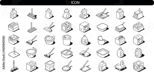 Household cleaning supplies and equipment icons vector