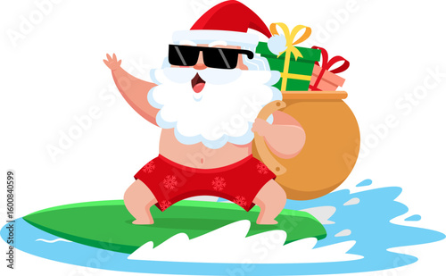 Summer Santa Claus Surfing With Gift Bag On Green Surfboard - Vector Illustration Flat Design Isolated On Transparent Background