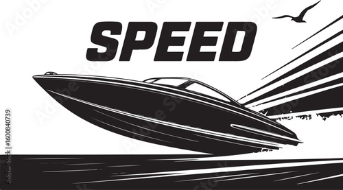 Speeding speedboat with soaring bird and water spray watercraft racing