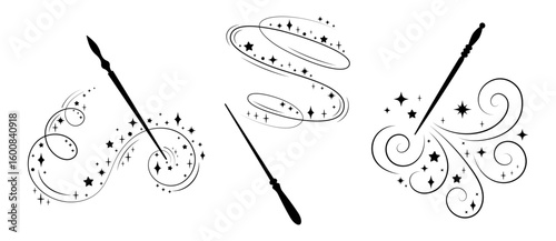 Magic Wands with Swirling Sparkles, Vector Silhouette Fairy Wands with Stars and Glitter, Black White Fantasy Magical Wand, Wizard Witch Equipment Clipart, Decorative Fairy Tale Design Illustration.