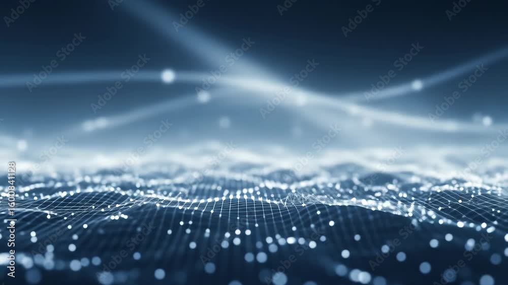 Abstract blue futuristic technology background with a flowing digital particle wave and glowing light streaks, representing data and network concepts.