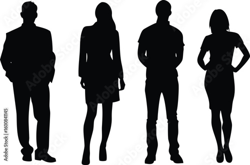 Silhouette of Four Diverse Business People Standing Together in Black on White Background