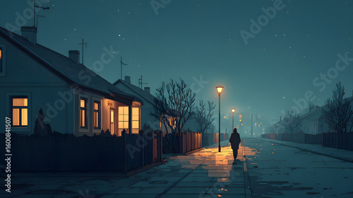 Lone figure walks down a quiet street under a starry night sky with warm house lights.
