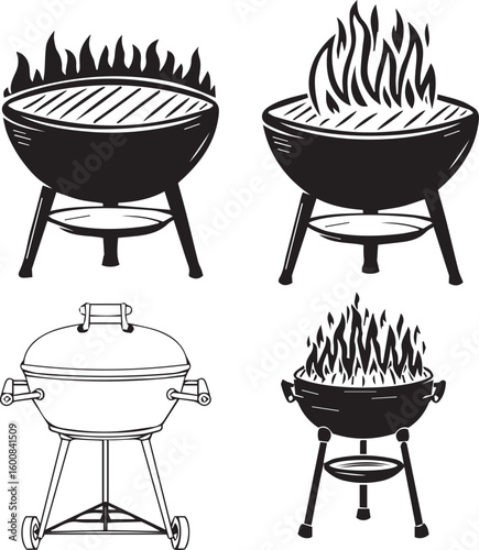 barbecue grill with fire. Barbecue grill Silhouette vector icon design and Grill BBQ vector icon set illustration. BBQ silhouette vector on White background.