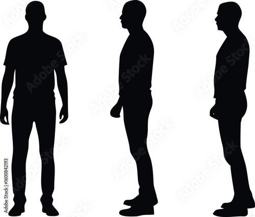 Silhouette of Man Standing Front, Side Profiles in Casual Wear on White Background