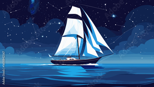 sailboat, gracefully gliding on starry waters, under a night sky filled with constellations