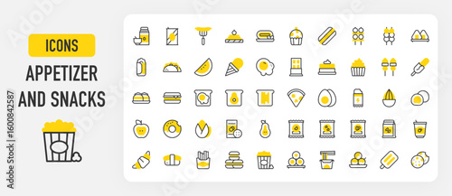 Appetizer and snacks icons. Yogurt, Popcorn, Teriyaki, Snacks, Cookie, Baklava, Toast, Burrito, Sushi, French Fries, Macaroons, Noodle, Popsicle, Milk, Can vector stroke illustration.	
